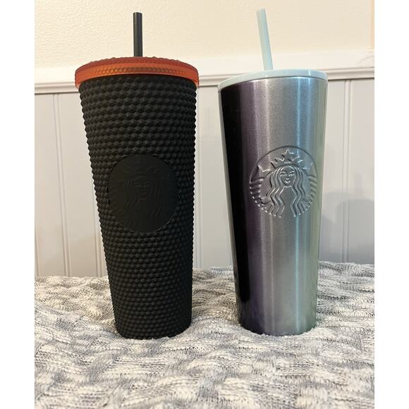 Starbucks Tumbler Venti 24 oz Bundle Studded Matte Black & Purple/Teal Stainless - Picture 1 of 5